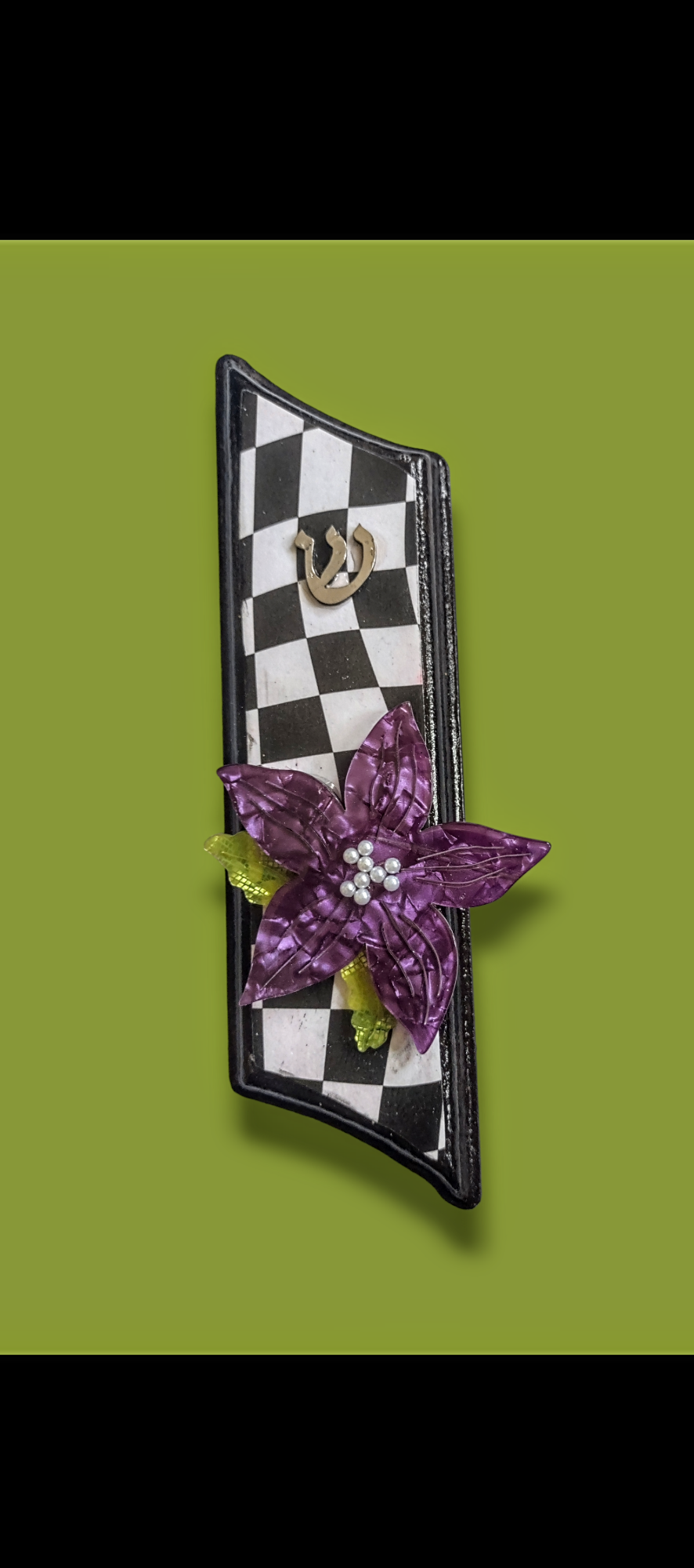 Wooden Black and White Decoupage and Purple Flower Mezuzah