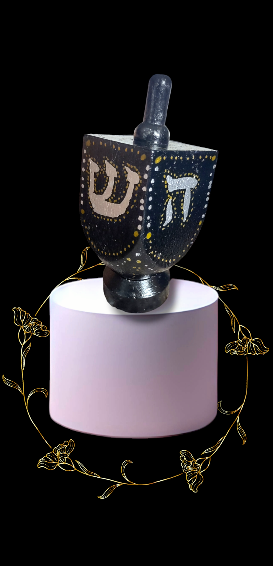 Hand-painted Black Gold and Silver dreidel.