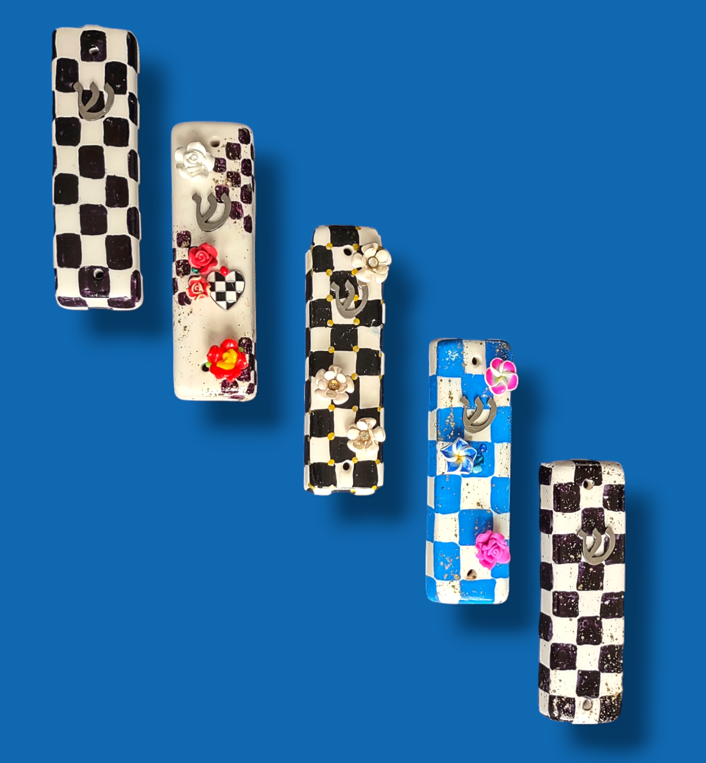 Checkerboard Ceramic Mezuzah With Flowers