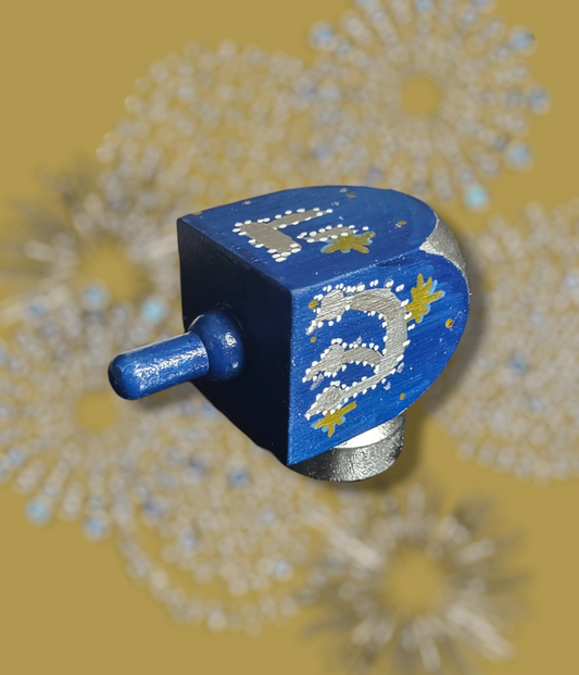 Hand-painted blue gold and silver dreidel.