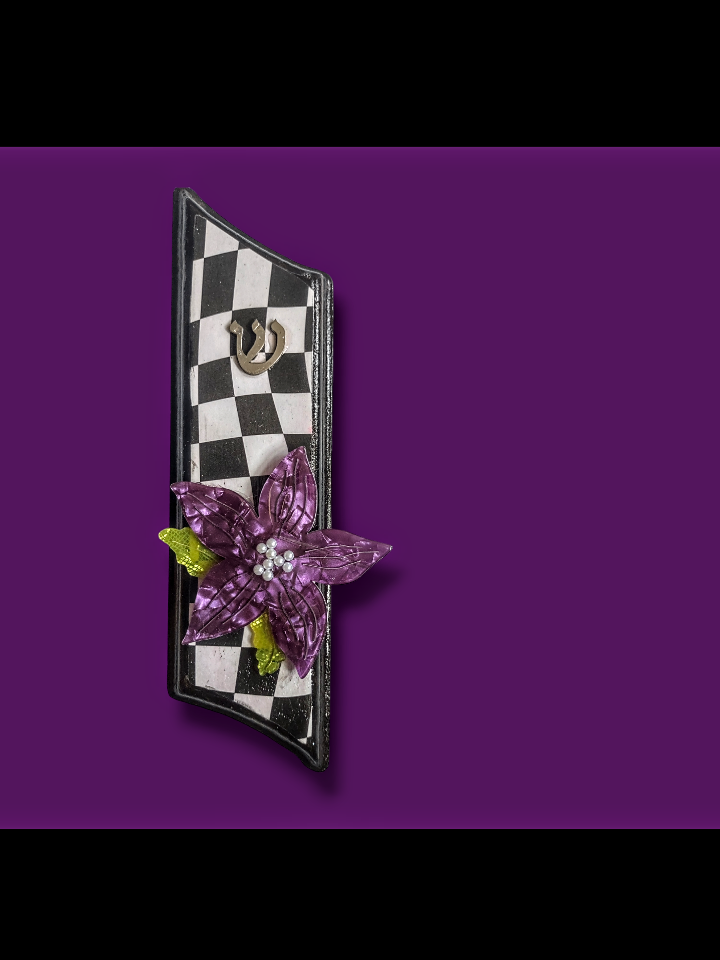 Wooden Black and White Decoupage and Purple Flower Mezuzah