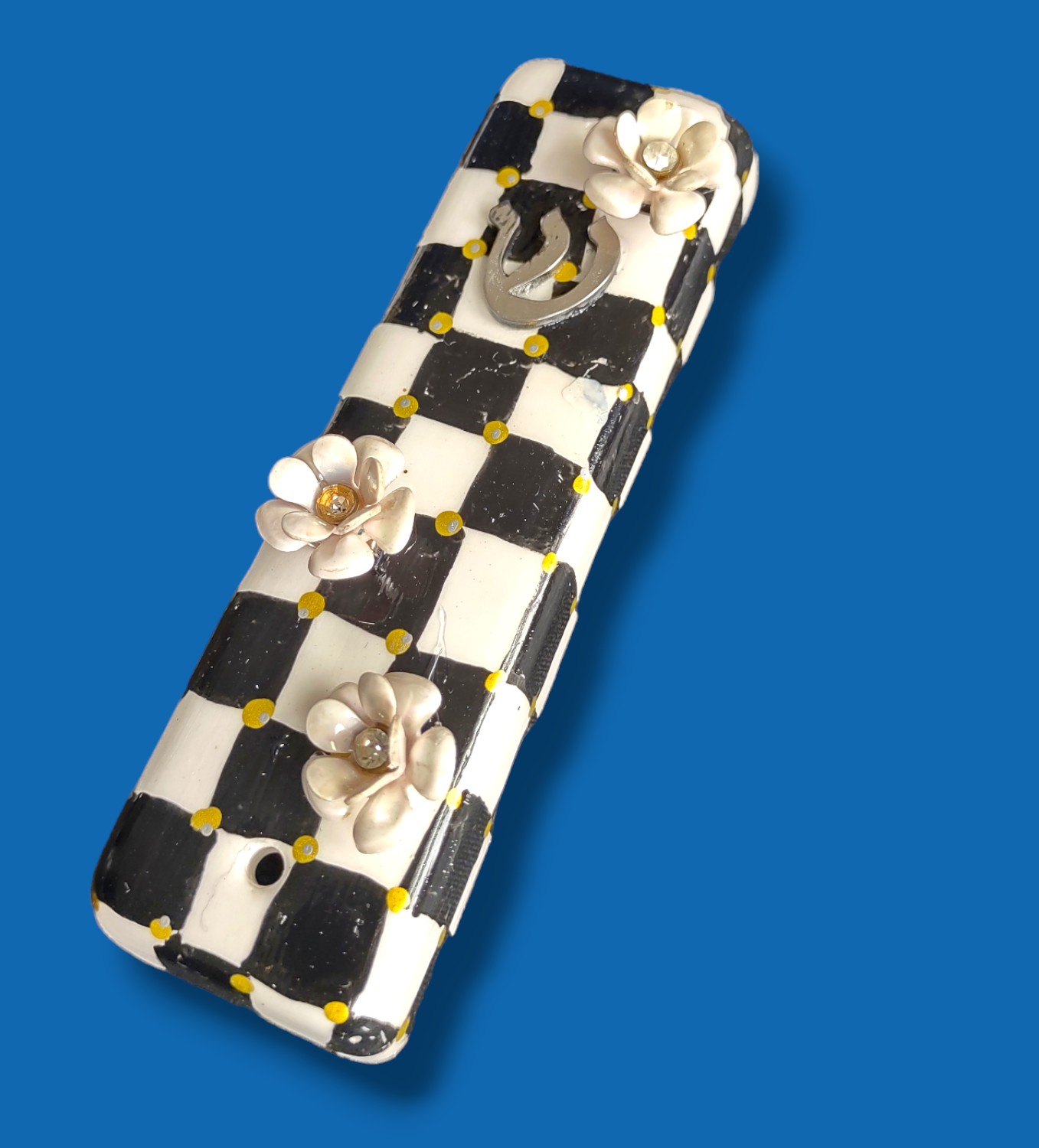 Checkerboard Ceramic Mezuzah With Flowers