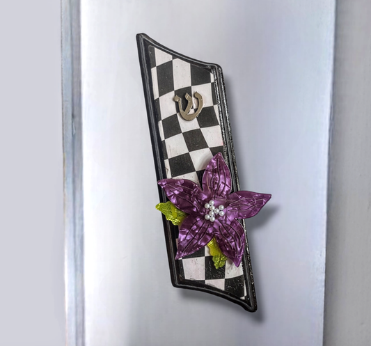 Wooden Black and White Decoupage and Purple Flower Mezuzah