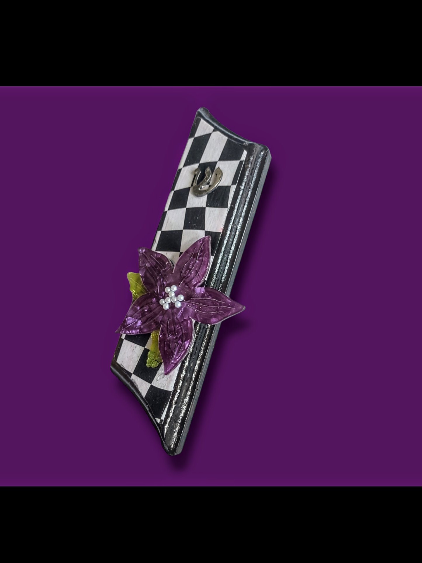 Wooden Black and White Decoupage and Purple Flower Mezuzah