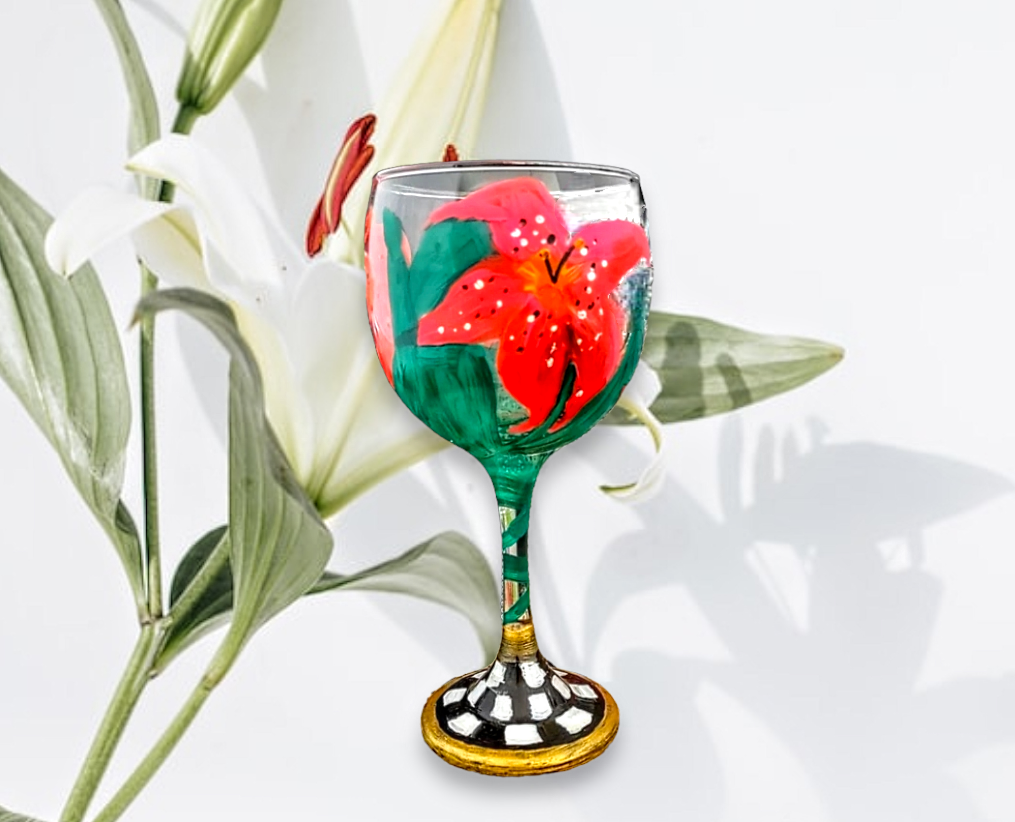 Hand-painted Checkerboard/ Lilies Wine Glass