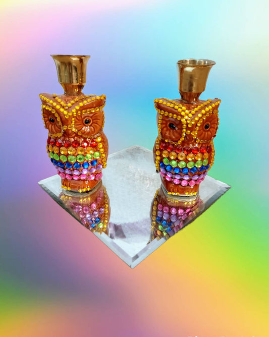 Rainbow Owls Shabbat Candle Holder