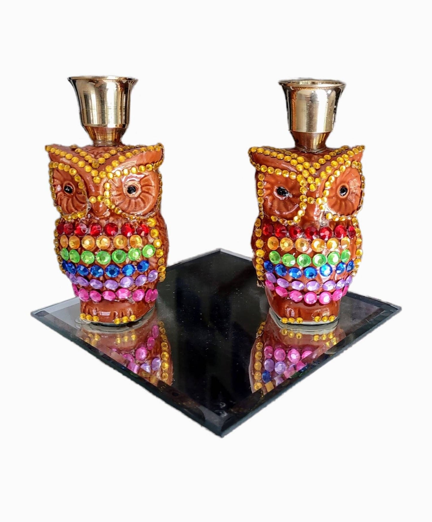 Rainbow Owls Shabbat Candle Holder