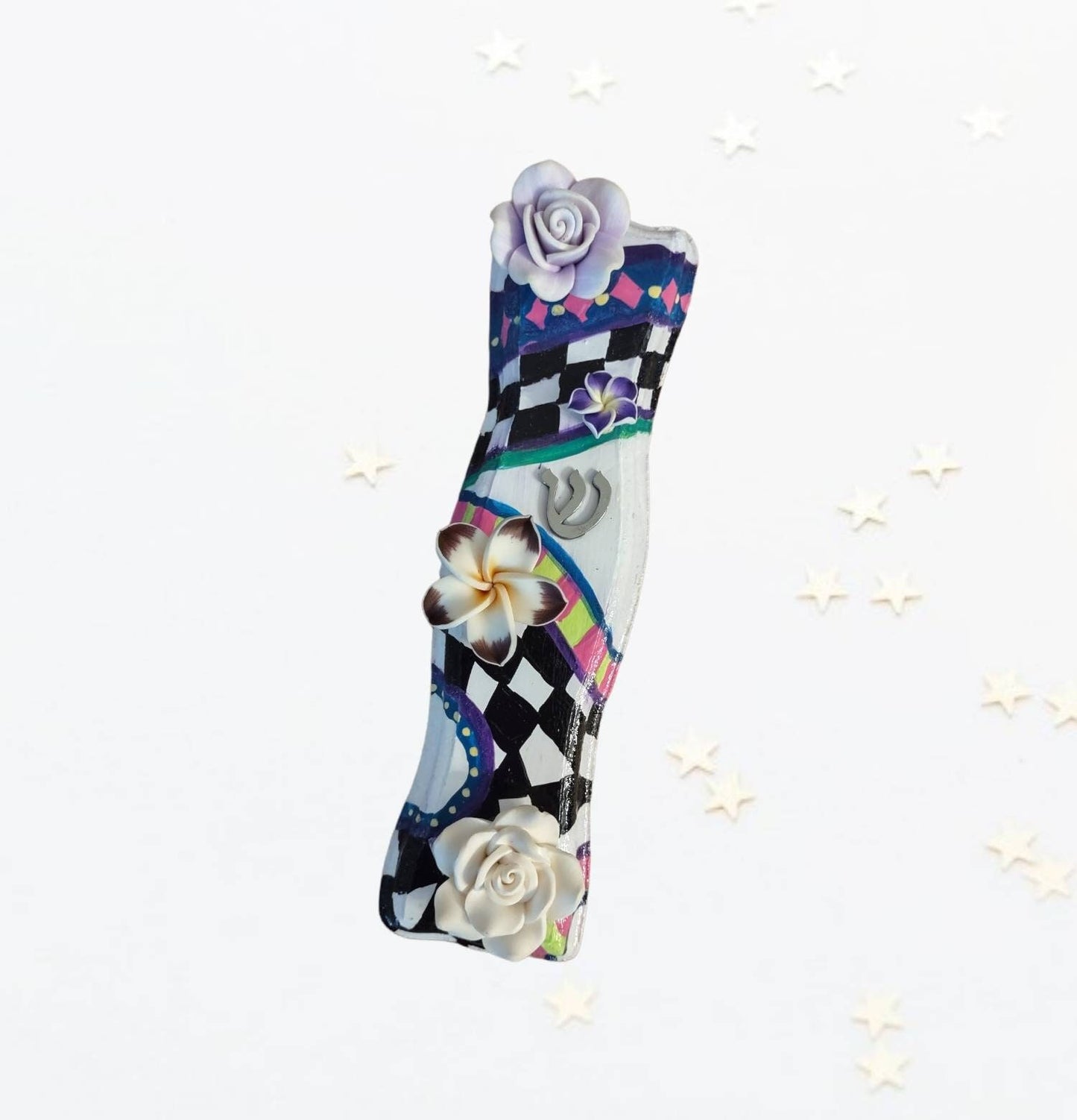 Checkered Mezuzah with Flowers