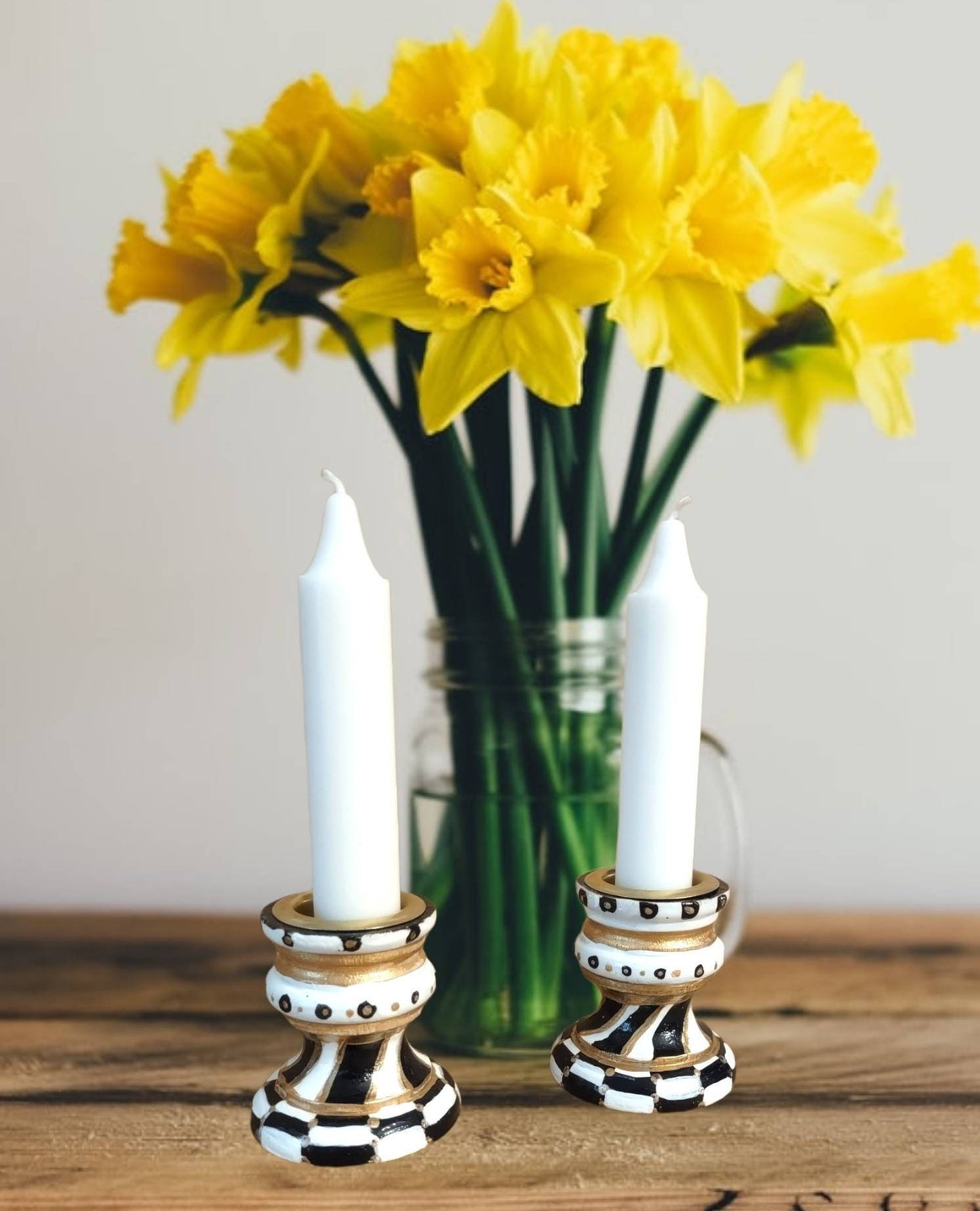 Black, White & Gold Hand-Painted Shabbat Candlesticks – Set of 2