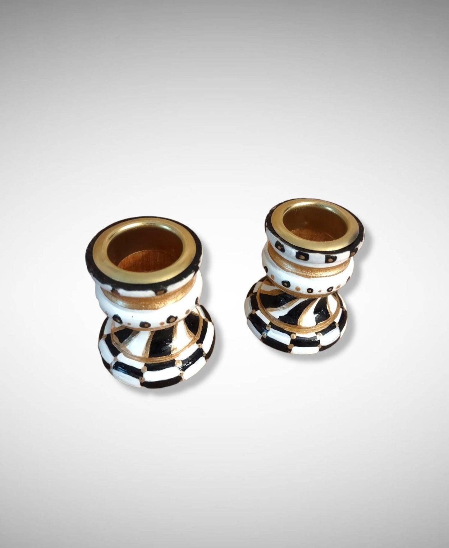 Black, White & Gold Hand-Painted Shabbat Candlesticks – Set of 2