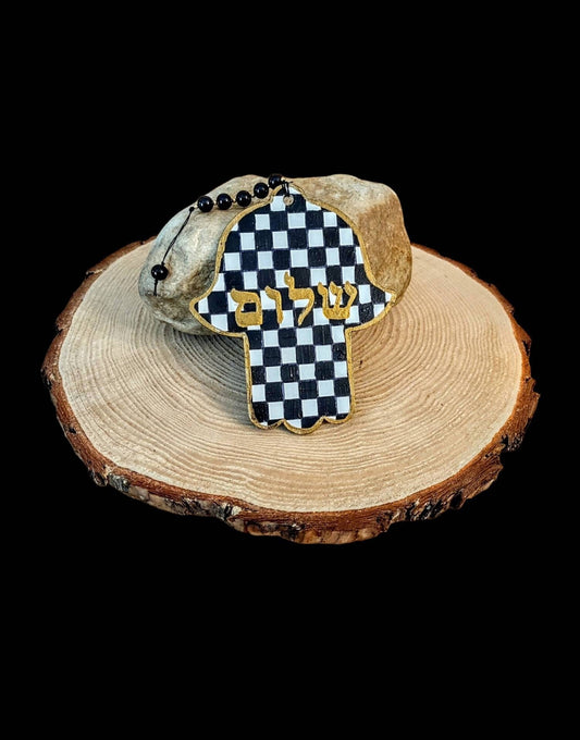 Checkerboard Pattern Wooden Hamsa