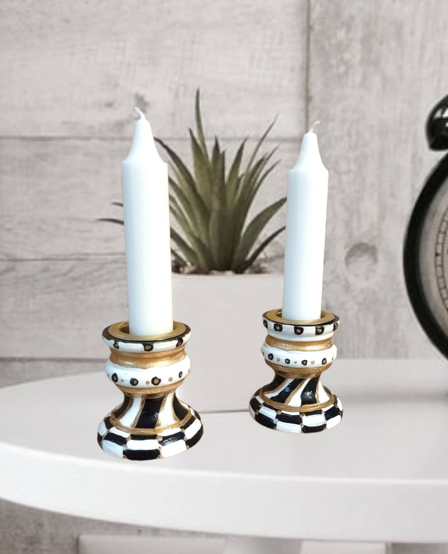 Black, White & Gold Hand-Painted Shabbat Candlesticks – Set of 2