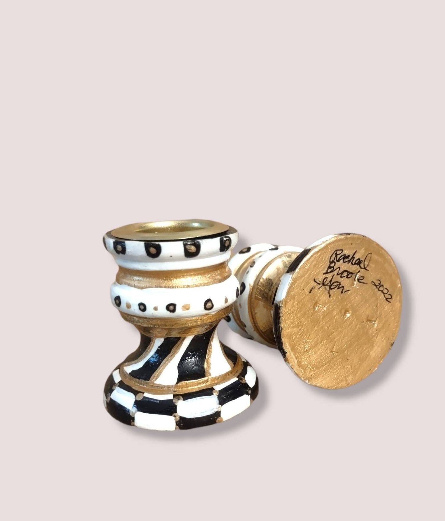 Black, White & Gold Hand-Painted Shabbat Candlesticks – Set of 2