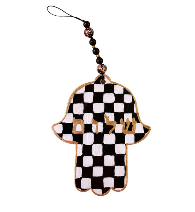Checkerboard Pattern Wooden Hamsa