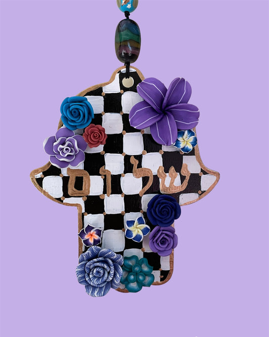 Checkered Shalom Purple and Blue Hamsa